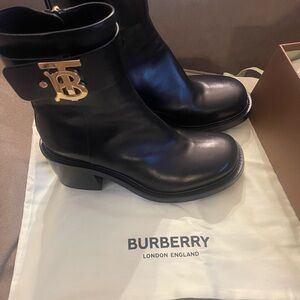 Burberry Black Leather Boots with Gold Logo
